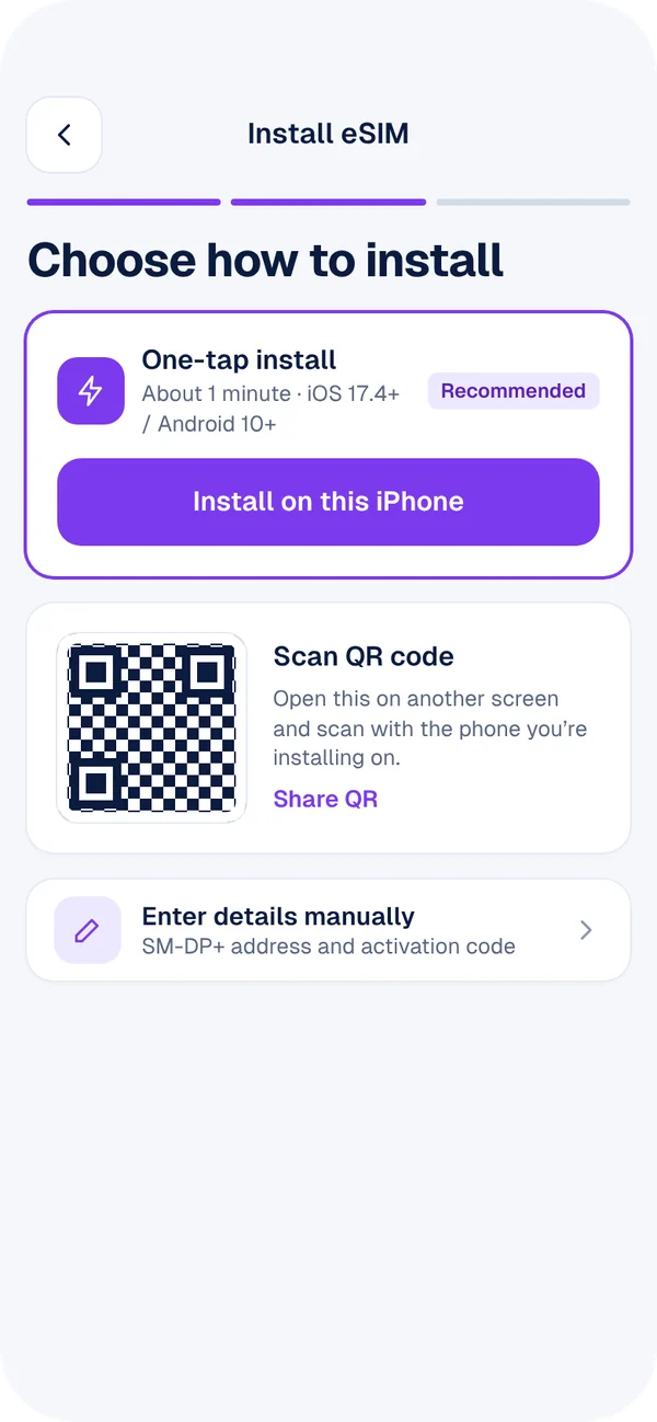 OmaxMobile screen for installing your eSIM