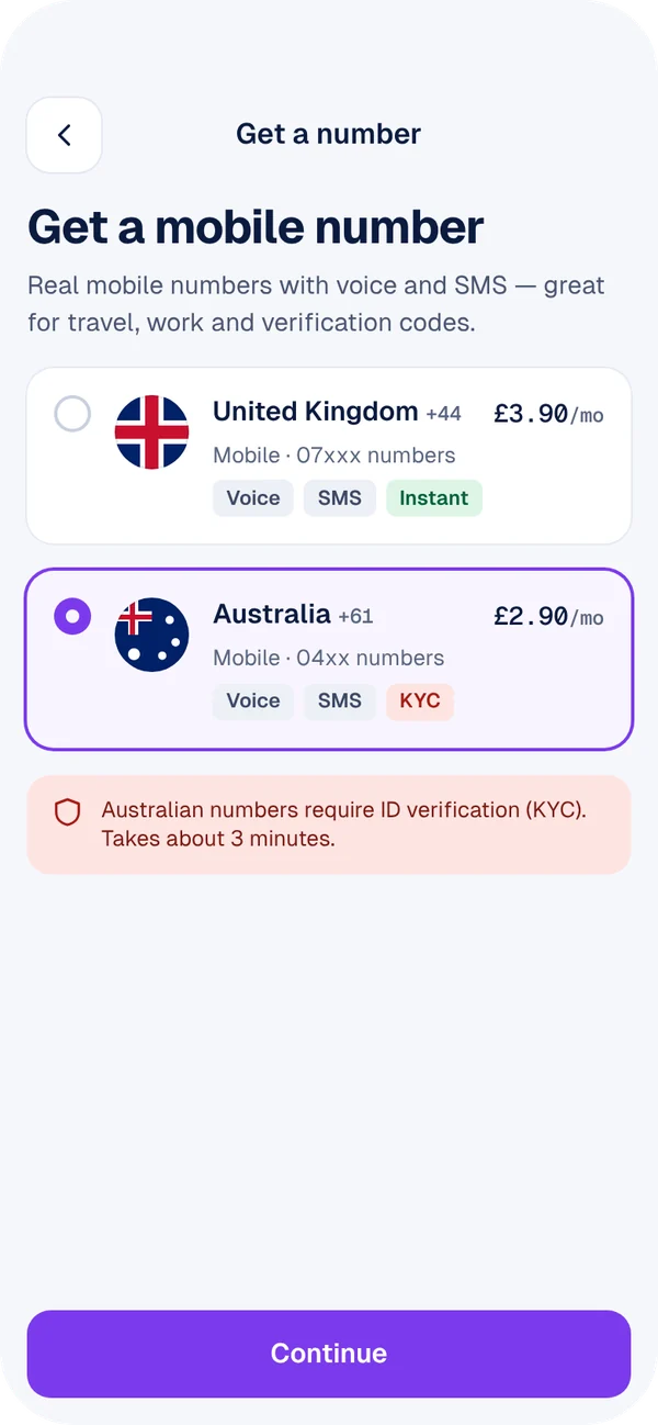 OmaxMobile screen for choosing a UK or Australian mobile number