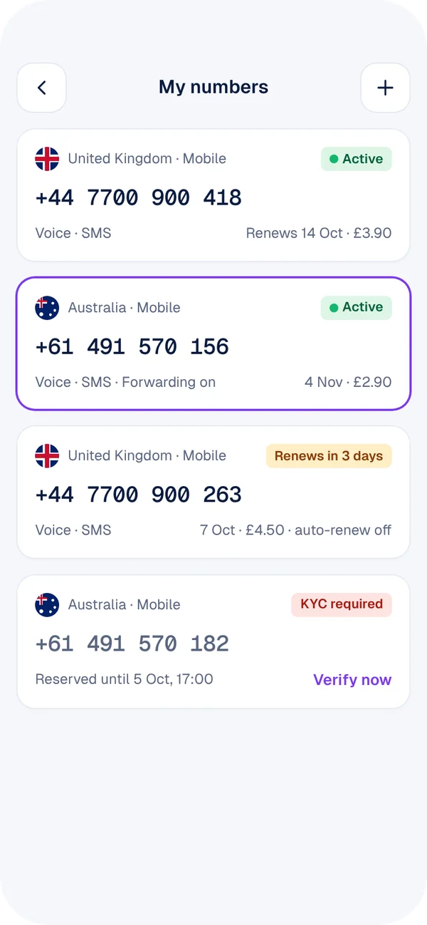 OmaxMobile My numbers screen