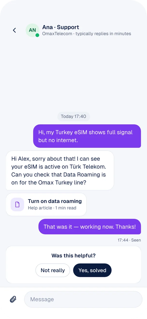 OmaxMobile in-app support chat