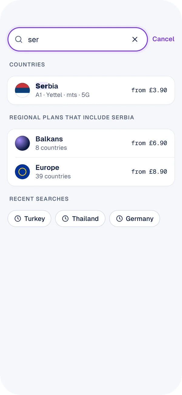 OmaxMobile screen for searching travel data destinations