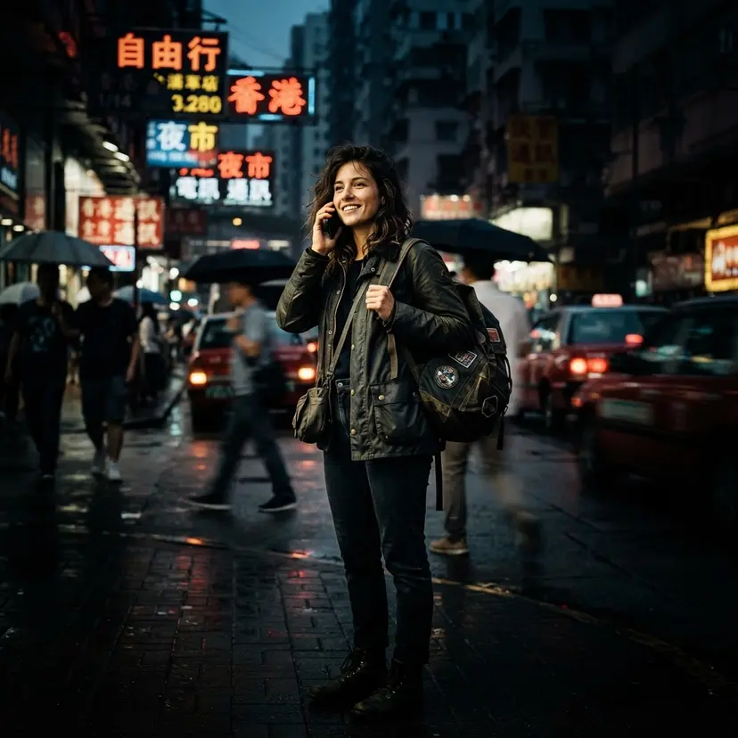 A traveller on a rainy city street abroad, smiling on a phone call